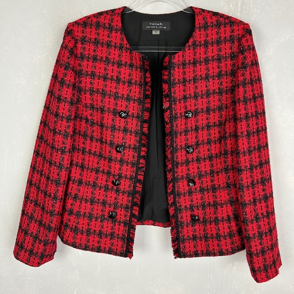 Tahari size 12 tweed jacket black plaid collarless preppy academia open front - Picture 1 of 9